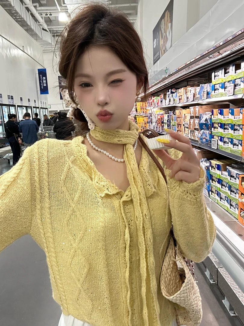 ZHOUZHOU【花房伊甸园】春日韩系亮片麻花开衫