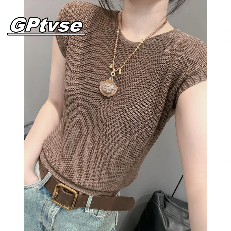 GPTVSE收腰短款圆领针织衫2025女短袖修身显瘦简约百搭高级感上衣