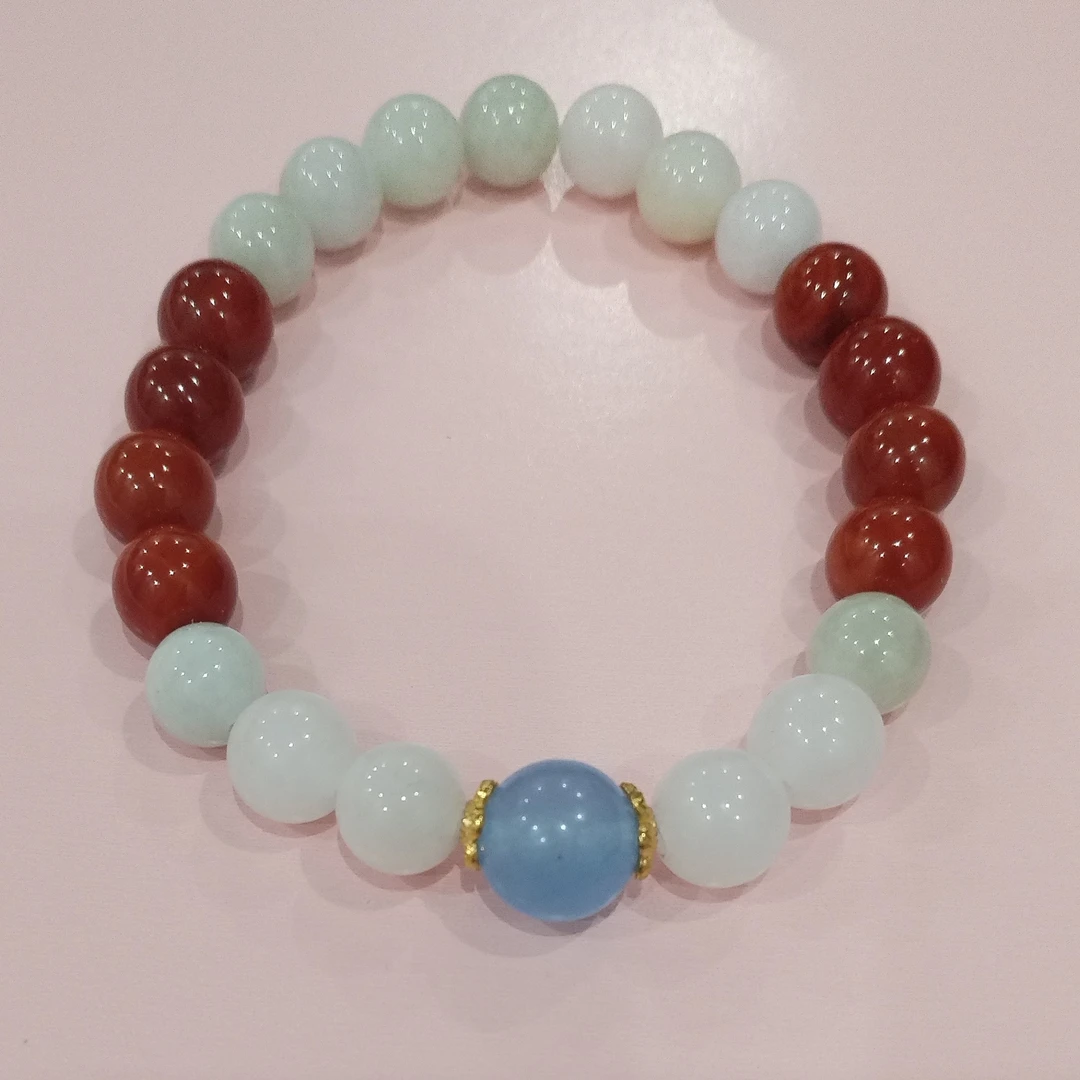 天然卡8缅甸翡翠配天然南红玛瑙加海蓝宝时尚手链088