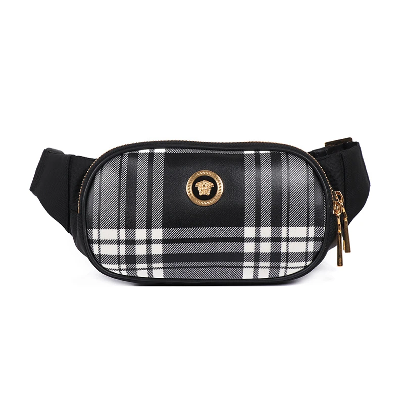 未使用 VERSACE/范思哲 黑色织物涂层格纹胸包腰包