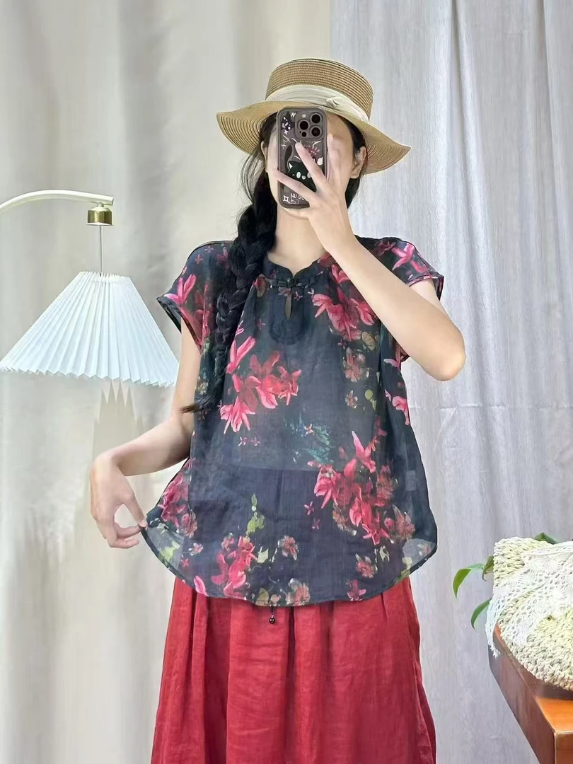 印花夏季无袖宽松型成人立领衬衫小衫花色富家千金风时尚休闲百搭