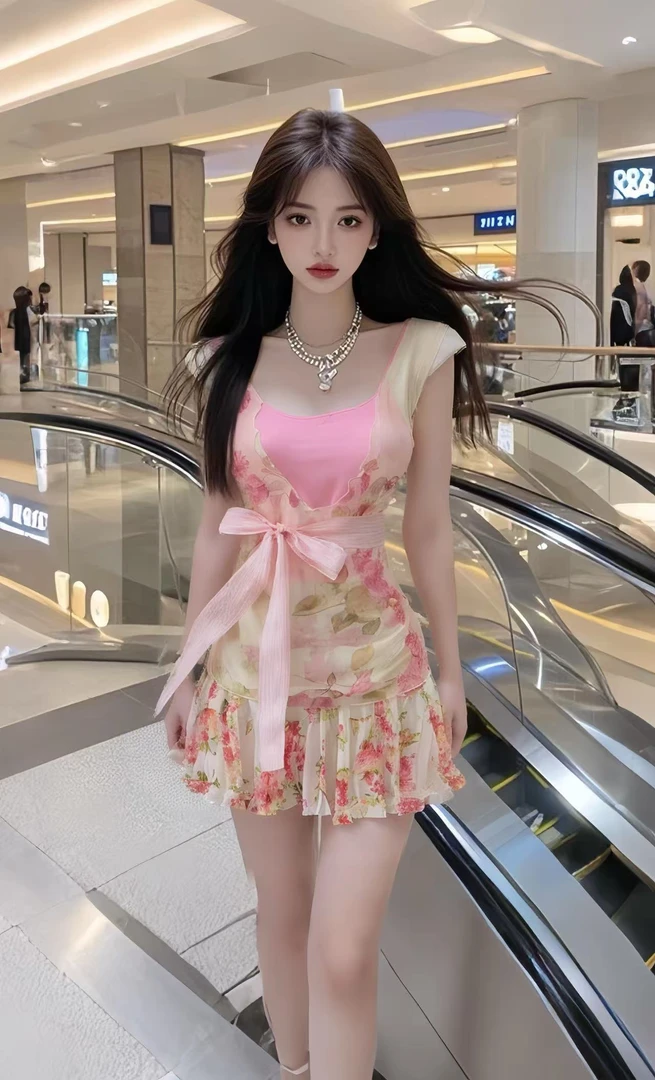 新款粉色U领蝴蝶结系带设计碎花收腰连衣裙女小众时尚高级感穿搭