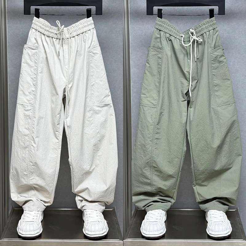 夏季新款时尚大口袋设计休闲裤男士百搭直筒弯刀裤痞帅宽松阔腿裤