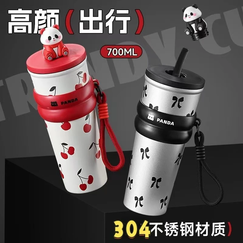保温高颜值大容量保温杯可爱小熊猫车载水杯防尘吸管杯保温保冷冰