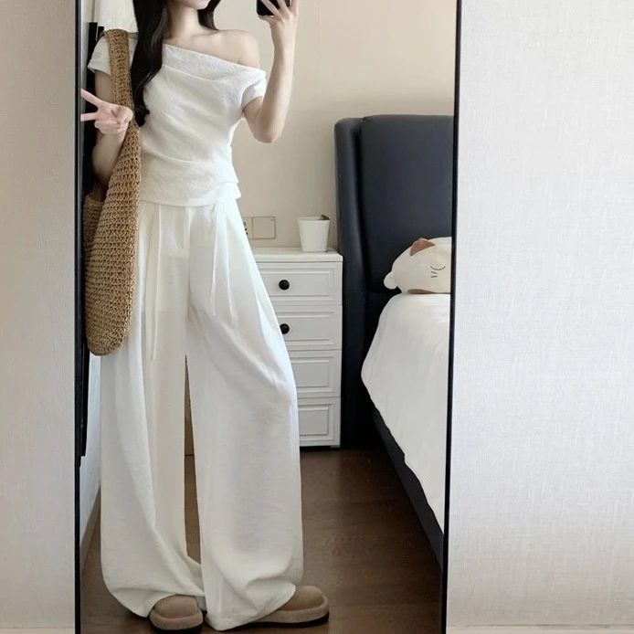 韩系新款时尚套装褶皱修身露肩恤女夏季时尚休闲裤阔腿裤两件套