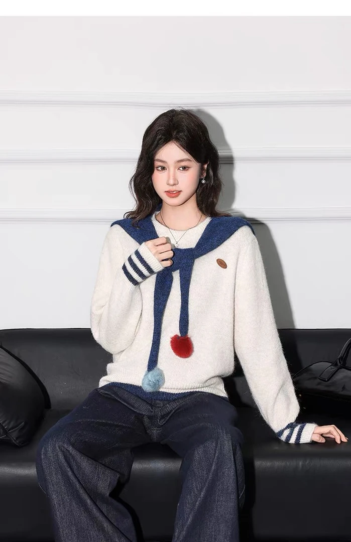 条纹针织休闲风毛衣 甜美毛针织衫宽松撞色海军领上衣Y2114