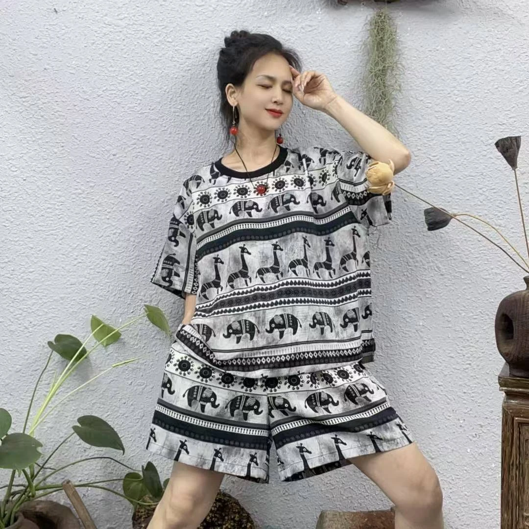 6611短裤动物图裤套装（衣长62胸围126裤长42臀围116脚口76