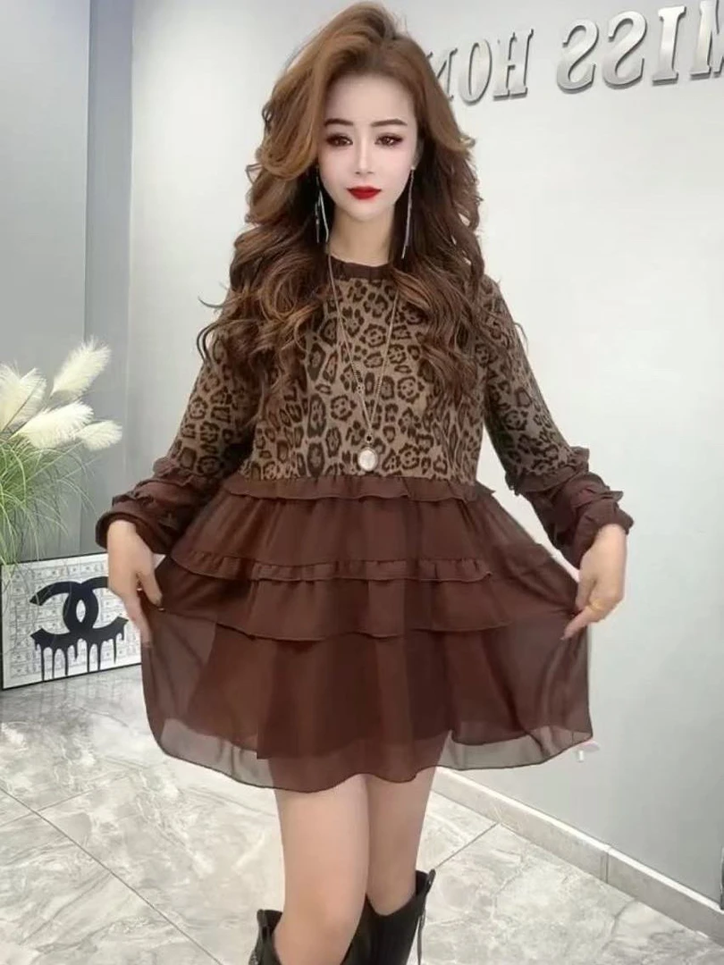 优雅气质豹纹拼接衬衫裙女韩系唯美漂亮木耳边宽松显瘦大衫春游