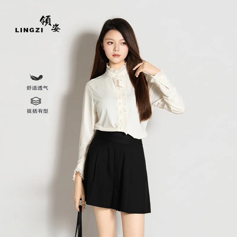 LINGZI/领姿秋季常规长袖内搭春季小众衬衫设计感立领拼接3129124