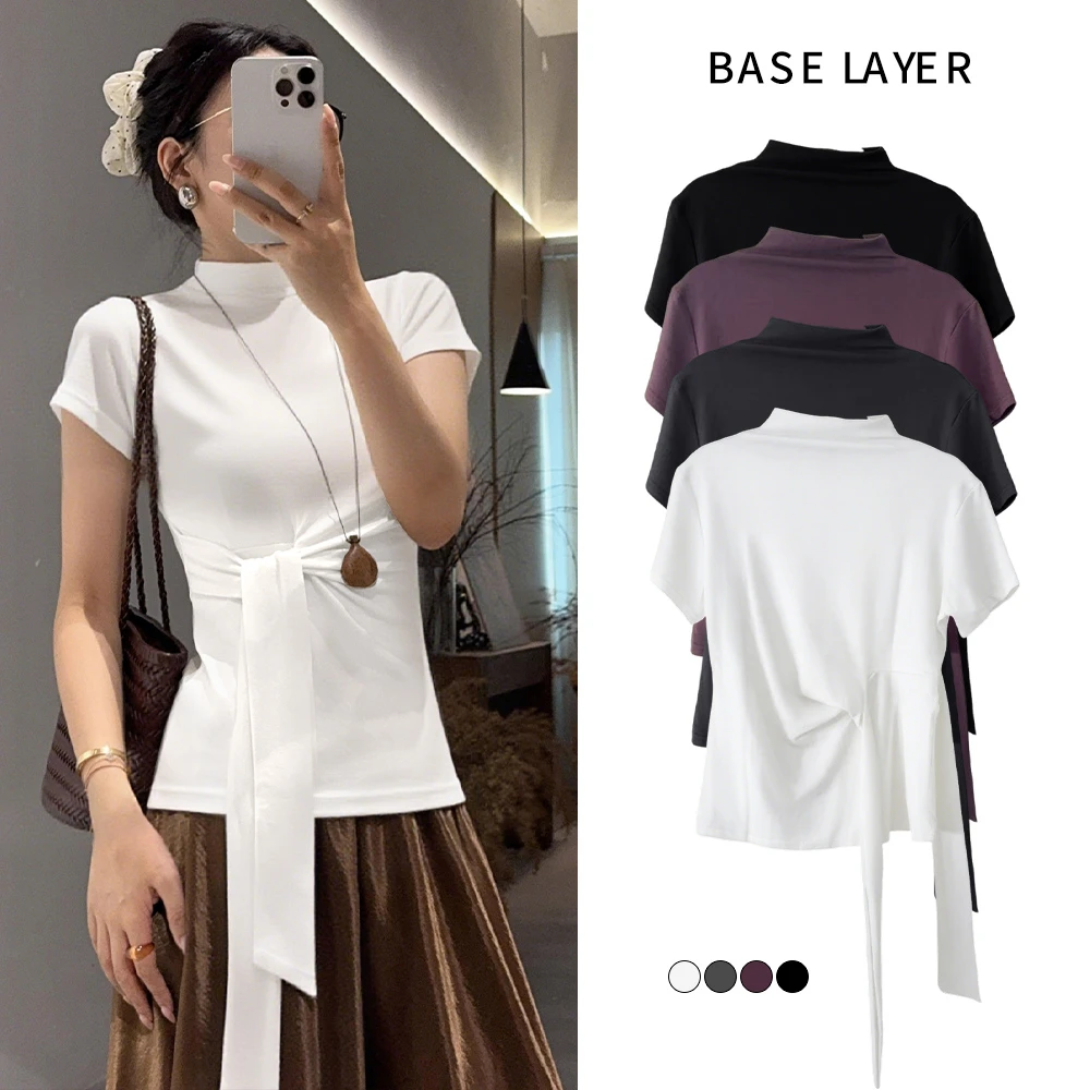 秋季新款立领系带收腰不规则短袖韩版纯色简约半高领绑带T恤2508