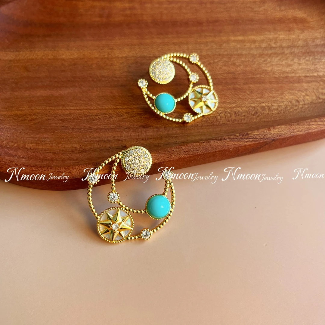 铜合金耳饰 九月商店|罗盘贝母松石八芒星耳环耳钉小众独特A34