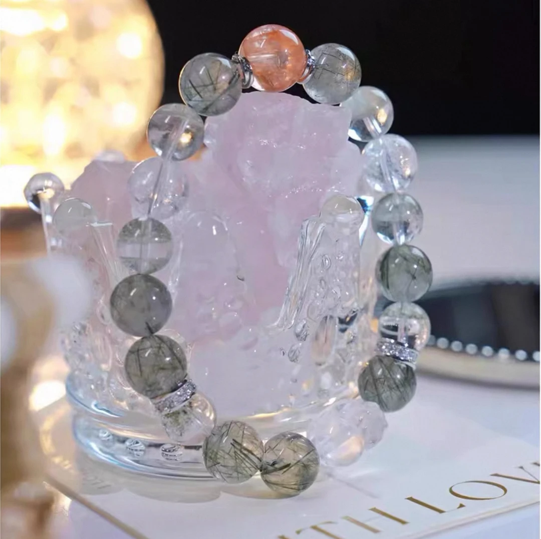 「有钱花」招财绿幽灵发晶红胶花白水晶貔貅本命年转运珠天然手链