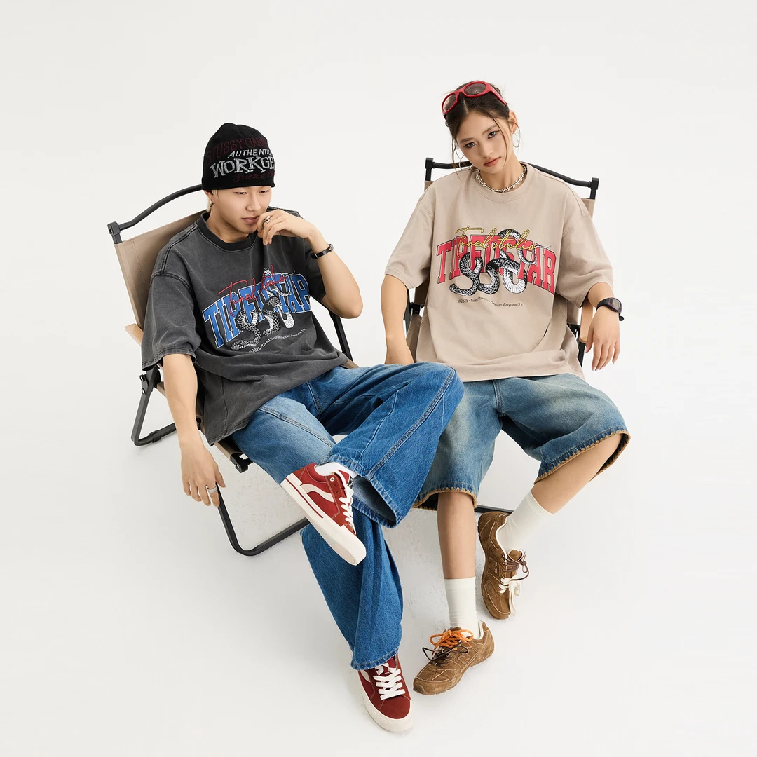 TIRED美式潮流水洗情侣短袖t恤夏季Boxy短款上衣国潮高街宽松体恤