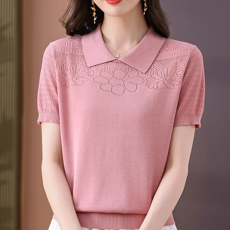 夏季提花翻领大码T恤镂空排汗短袖时尚中老年通勤洋气百搭上衣女