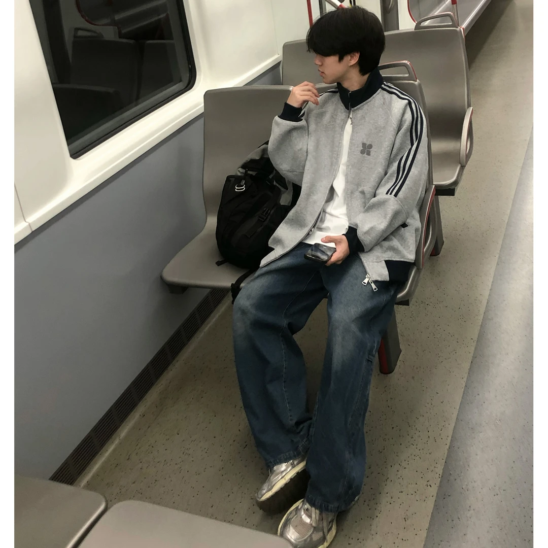 美式简约几何印花三条杠立领开衫外套男女秋冬季百搭休闲情侣卫衣