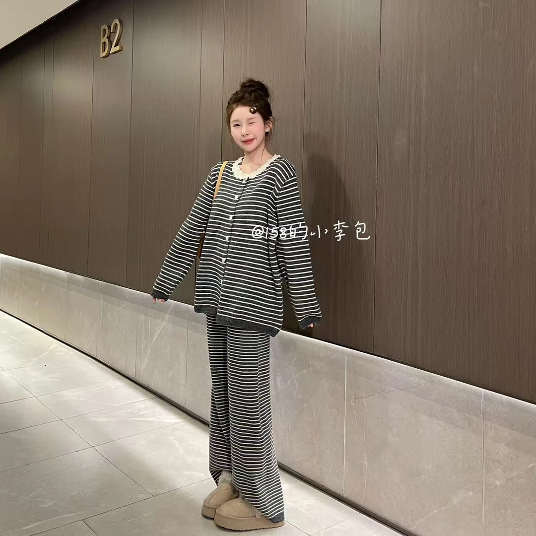 小李包自制【苏打饼干】韩系条纹蕾丝边精致风设计感慵懒感针织套装
