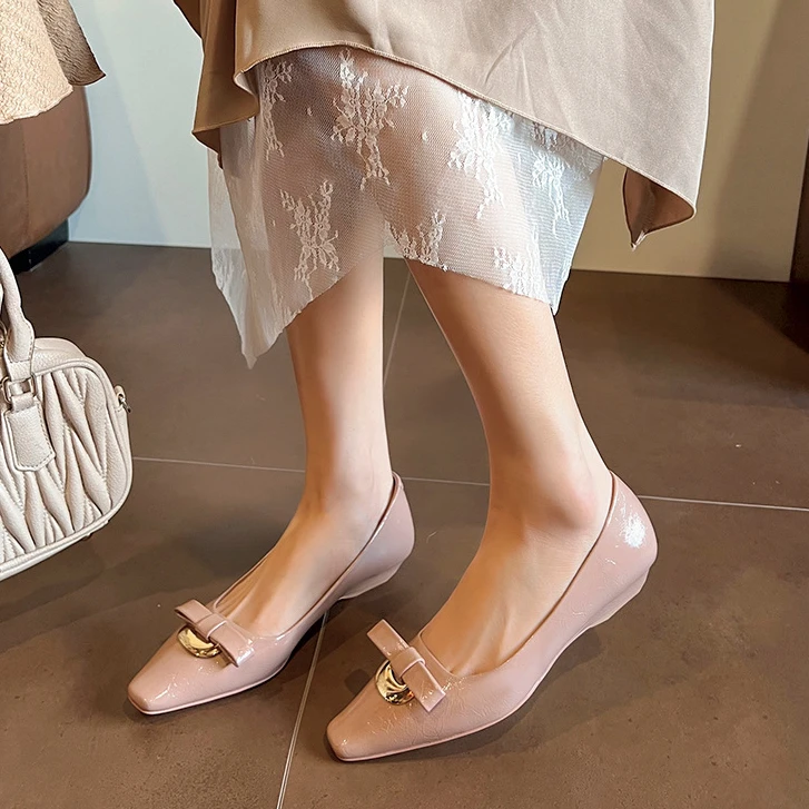 平底坡跟百搭软面蝴蝶结单鞋女款小方头气质休闲女士百搭宴会鞋子