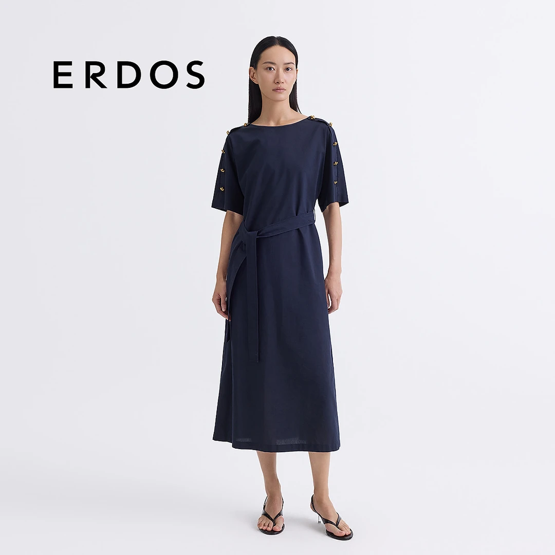 ERDOS 女装藏蓝丝棉混纺连衣裙【流光花语】25年春夏新品