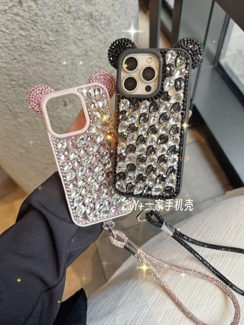 满钻米奇耳朵适用苹果16promax手机壳挂链iphone16/15/14/13卡通