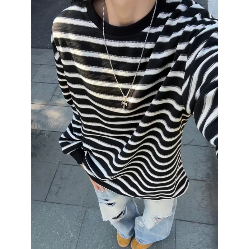 美式复古黑白条纹长袖T恤男秋季小领口重磅卫衣圆领高级感打底衫