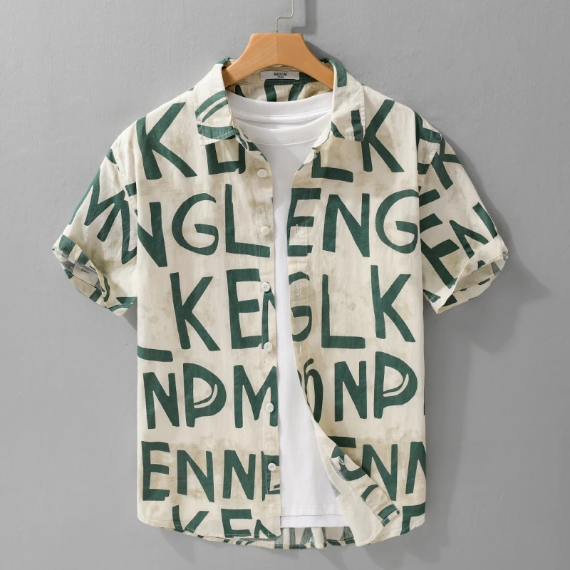 日系复古休闲薄款衬衣设计感潮流衬衫男纯棉个性字母印花短袖上衣