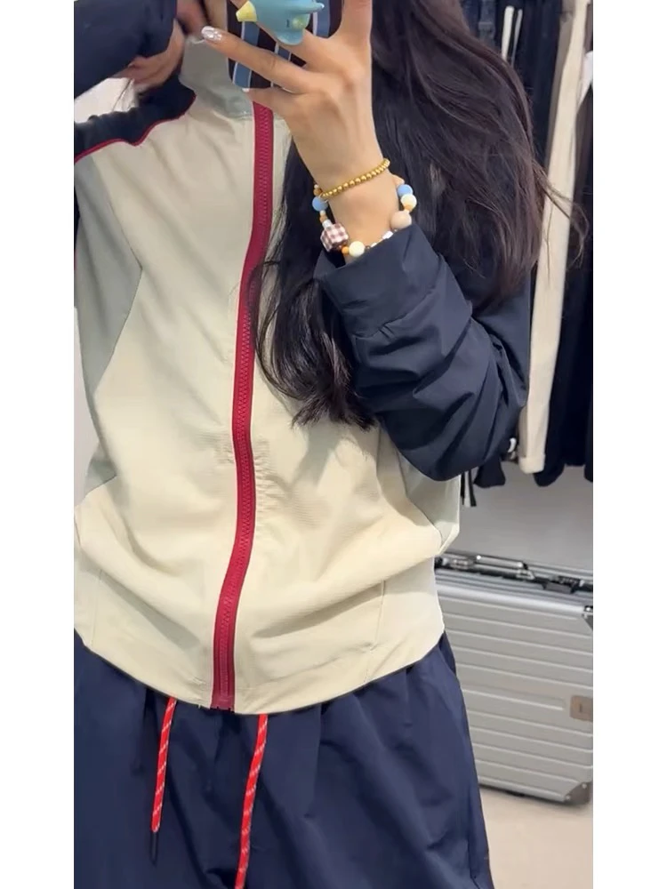 美式复古撞色拼接长袖立领外套女2025春秋新款设计感修身显瘦上衣