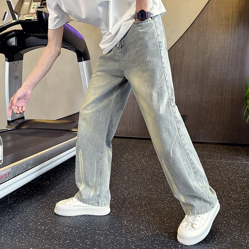 黑色渐变牛仔裤男款潮牌秋季美式复古裤子高街直筒阔腿微喇裤男裤