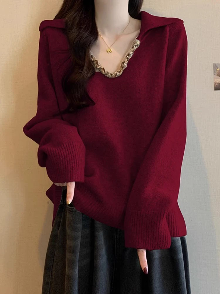 氛围感烫钻闪闪针织毛衣女装2025秋季软糯慵懒松弛感宽松翻领上衣