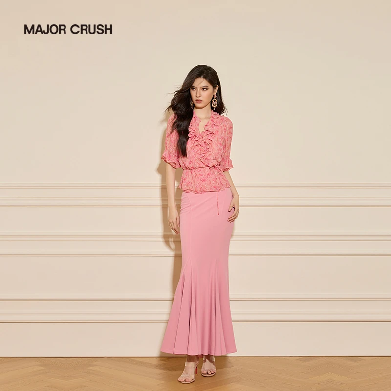 MAJOR CRUSH秋季新款短袖V领碎花牛角袖时尚包臀荷叶边法式50779