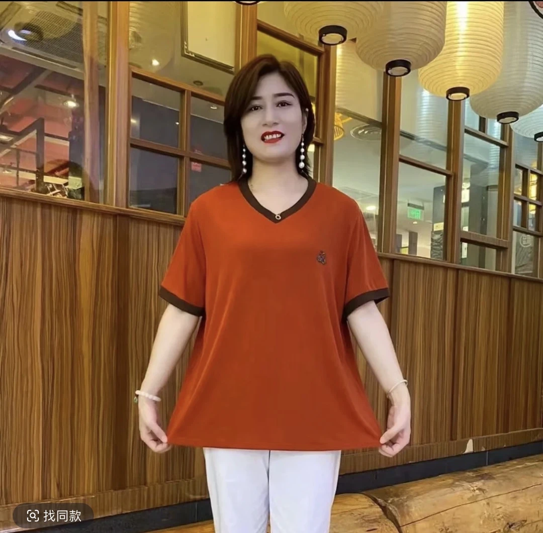 夏季新款加大加肥时尚纯色拼接鸡心领宽松遮肚减龄中长衫