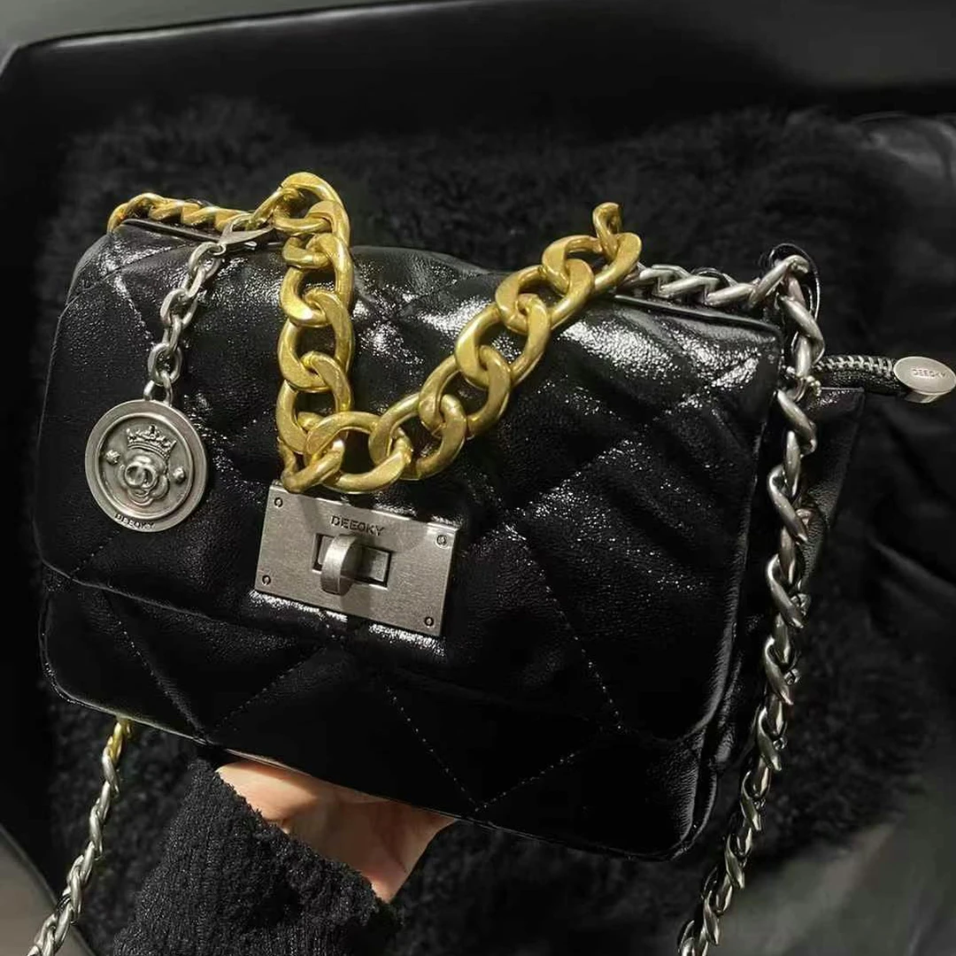 D7131小香风时尚百搭方胖子链条包2025新款高级感菱格单肩斜挎包