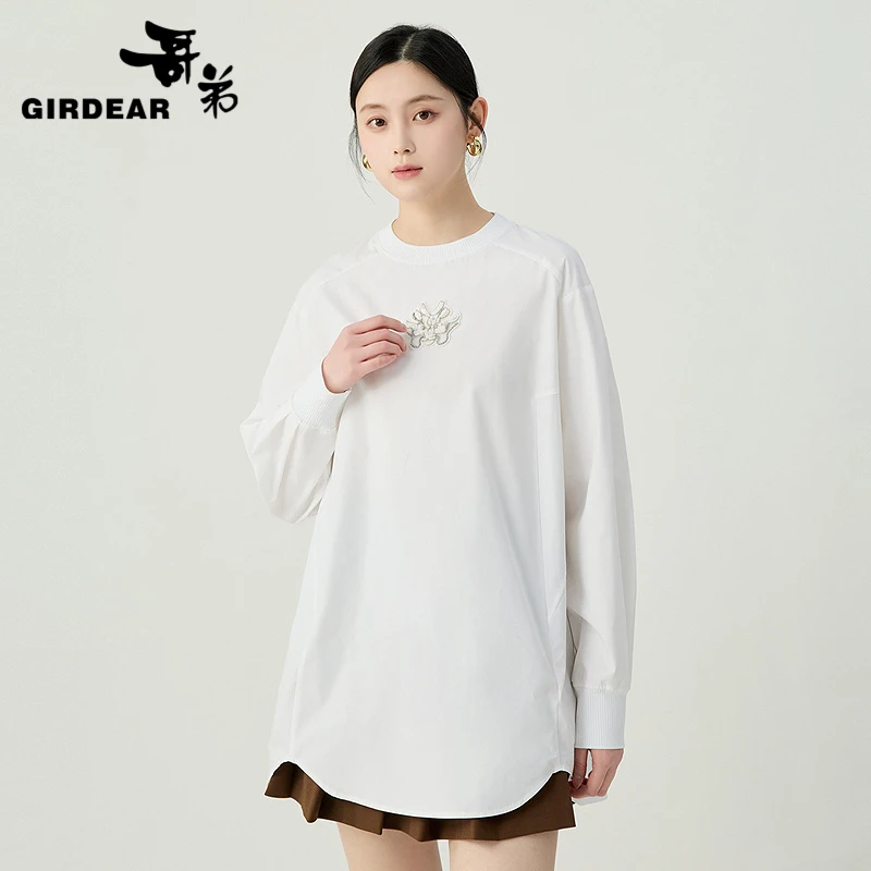 哥弟 手工珠钻龙头卫衣式圆领衬衫纯棉时尚130044外搭白衬衫通勤