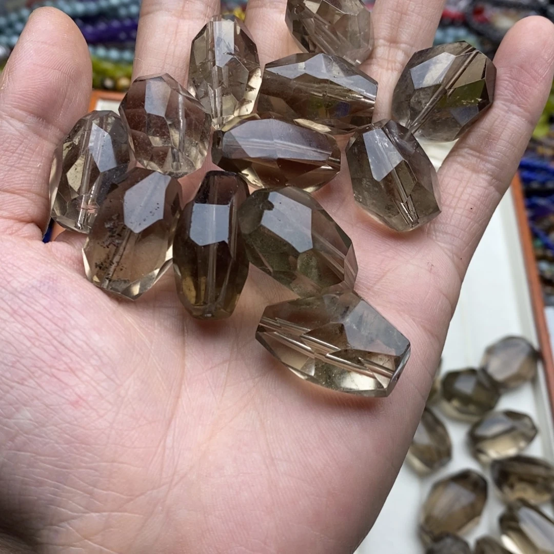 玛瑙/玉髓合金珠宝半成品一颗天然茶晶切面桶珠有瑕