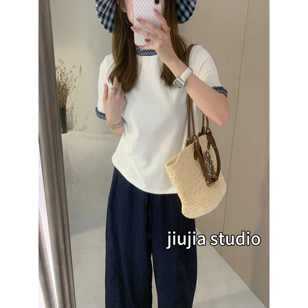 九佳 【小香香】拼接韩版百搭光板素t休闲针织时尚圆领短袖