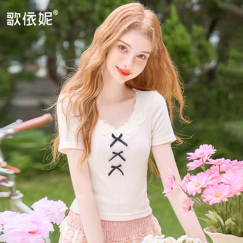 2025夏季新款女甜美蕾丝圆领修身蝴蝶结小个子短袖T恤衫上衣体恤