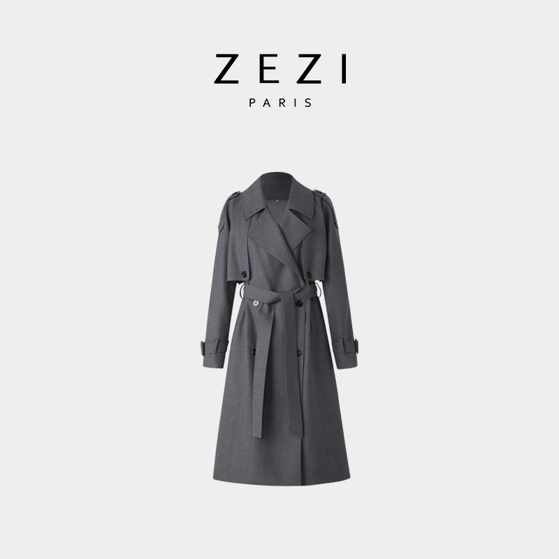 ZEZI美利奴羊毛风衣垂顺细腻长款风衣春秋时尚外套新款双排扣系带
