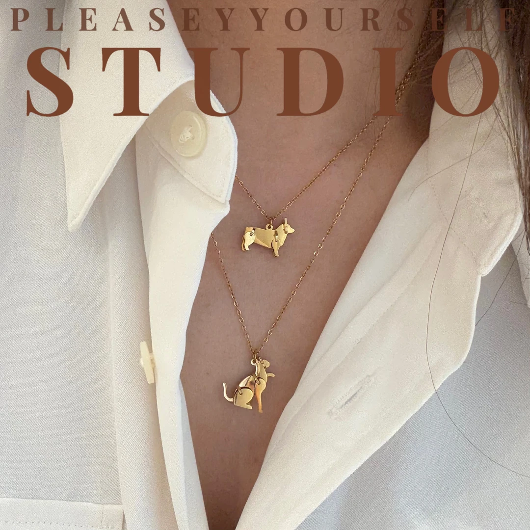 钛钢项链 「猫狗双全」夏苒原创设计金色创意时尚轻奢精致吊坠