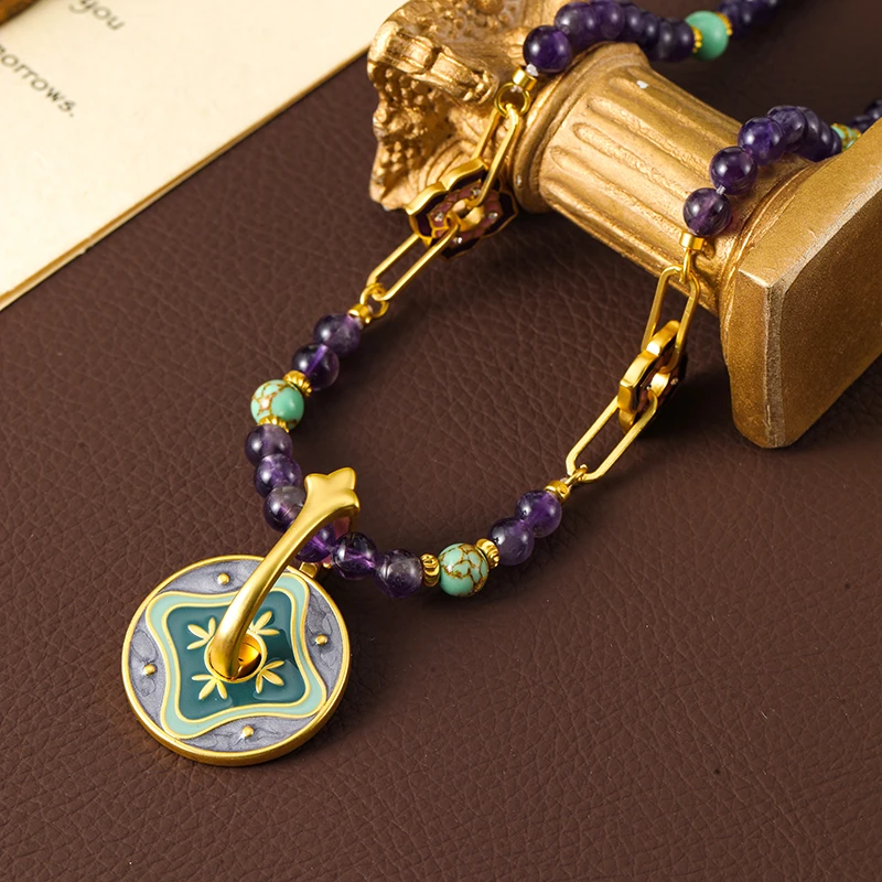 铜树脂项链 景泰蓝项链吊坠女中古复古法式锁骨链百搭时尚