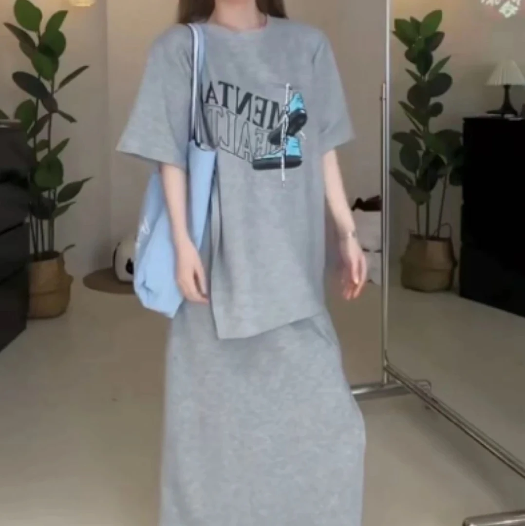 天一~大码显瘦城市运动风夏季休闲风时尚套装裙子圆领印花9395