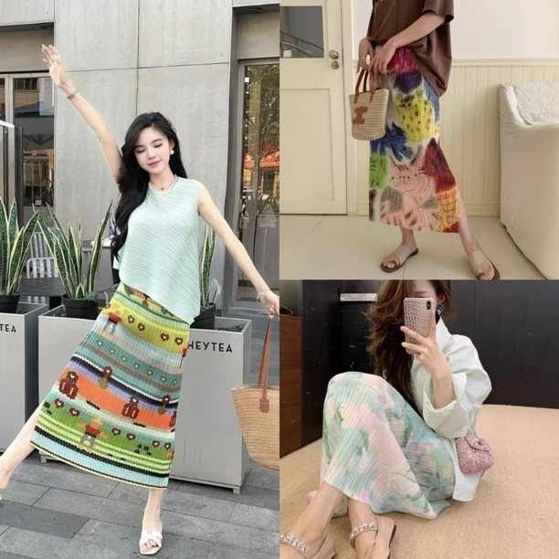 玛薇丝【压褶印花裙】夏季时尚显瘦褶皱印花半身裙