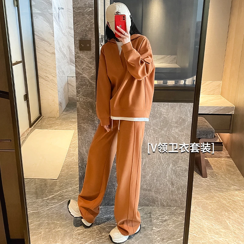 休闲连帽卫衣女2025超火套装春季穿搭时尚V领上衣直筒高腰阔腿裤