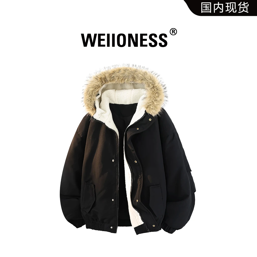 WEIIONESS美式轻奢毛领连帽男棉服冬季新款保暖外套潮流时尚男装
