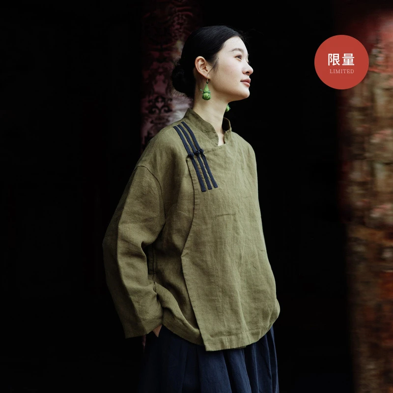 绽放旅行女装683朵/春季汉麻斜开门襟立领盘扣知性新中式长袖衬衫