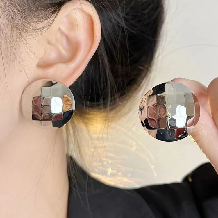 合金耳饰 欧美简约几何镜面圆形耳环女小众设计感礼服闪耀耳钉