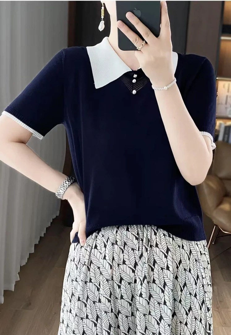 夏季莱赛尔新款复古拼色翻领镂空垂顺显瘦套头针织衫短袖女