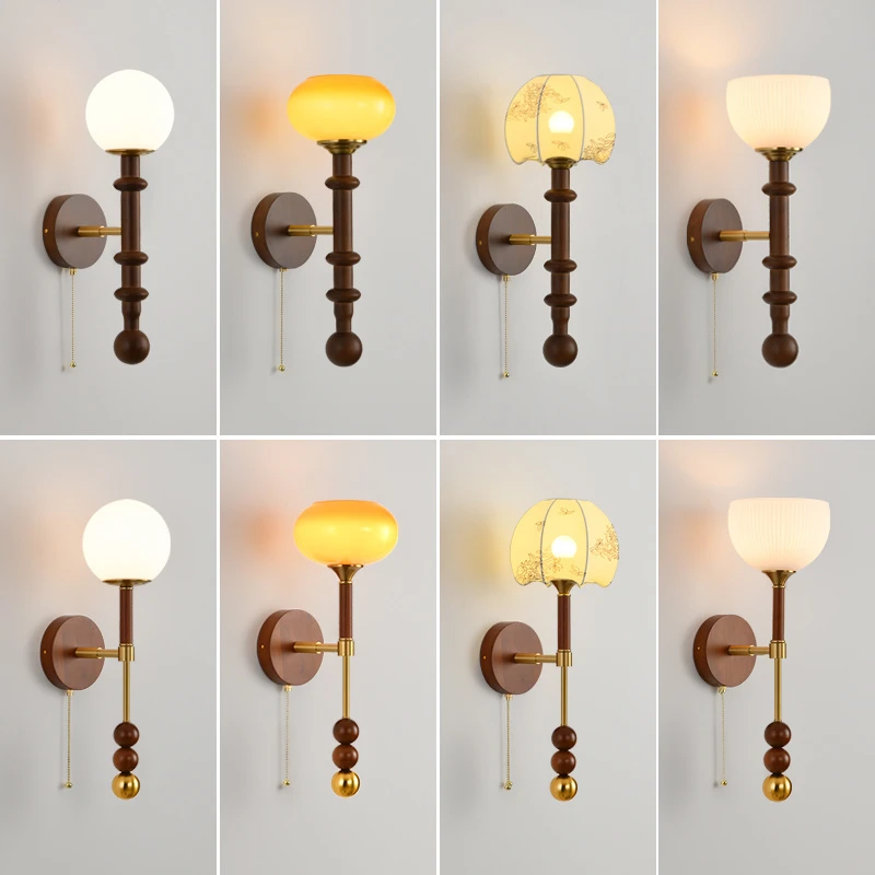 中古实木卧室壁灯设计师实木背景墙氛围灯具法式复古侘寂风床头灯