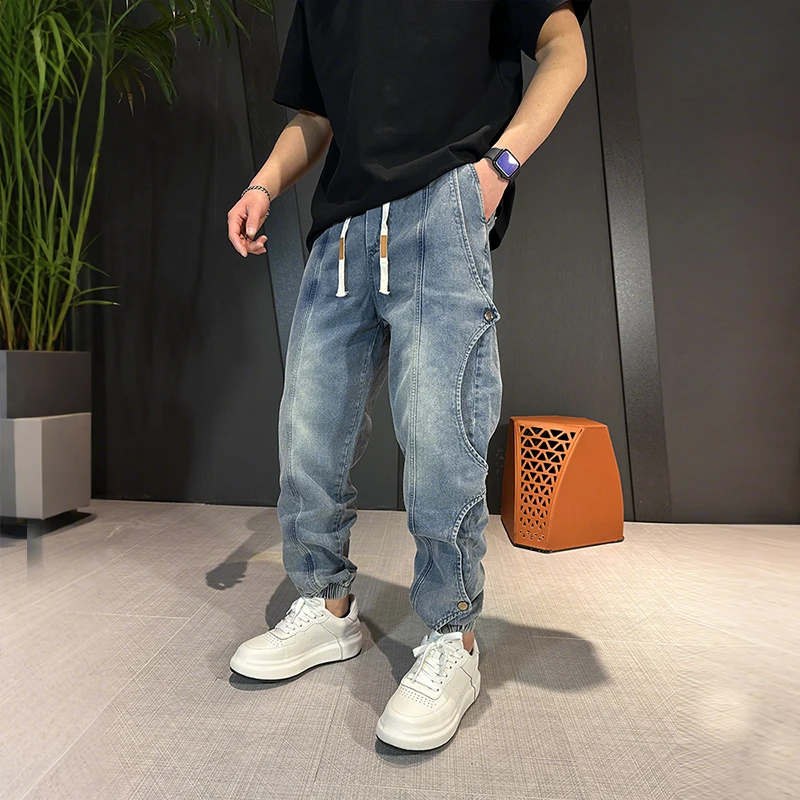 2025春秋新款潮牌痞帅束脚牛仔裤男设计感高街复古休闲蓝色哈伦裤