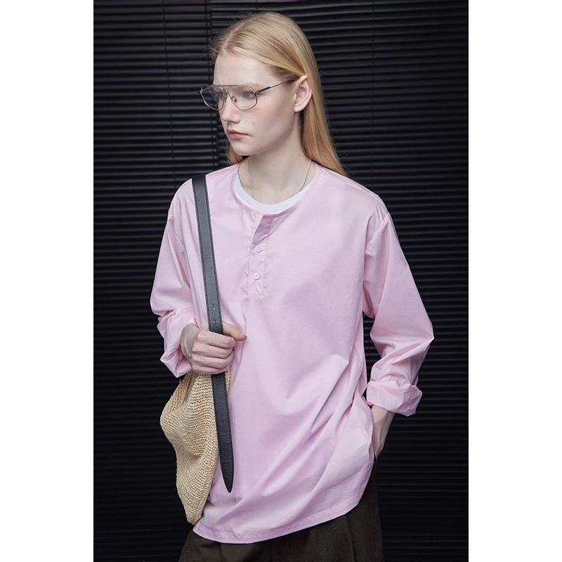 moment粉色长袖圆领纯棉t恤女2025夏季新款爆款宽松慵懒风独特