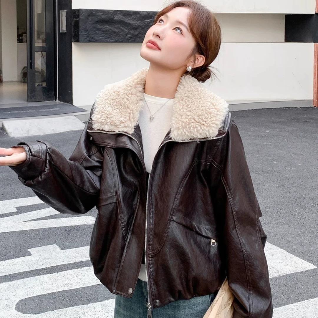 毛绒大翻领加绒加厚保暖皮衣外套女2025秋冬新款宽松显瘦上衣棉服