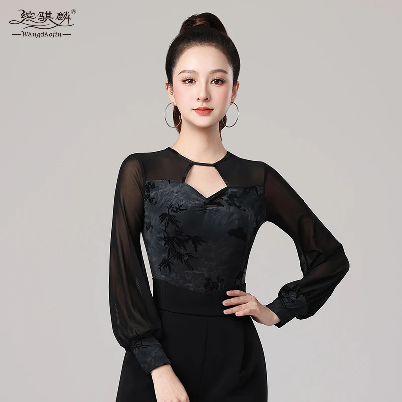 拉丁舞上衣高级感印花长袖练功摩登舞连体衣2025新款舞蹈上衣